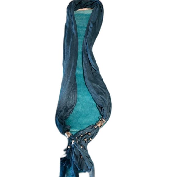 Modern Boho Chic Business Casual Teal Blue w/Silver Beading & Fringe Scarf - Picture 4 of 4
